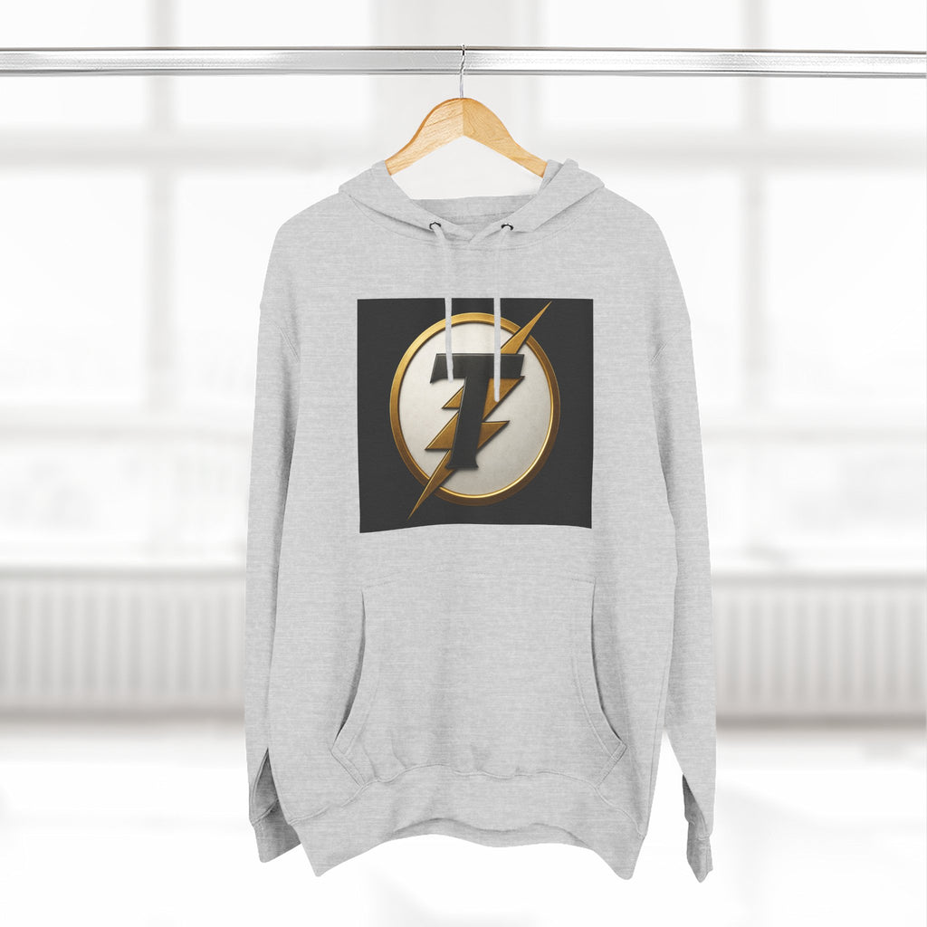 Lightning Bolt Emblem Hoodie — Retro Gold Flash Logo Fleece Pullover