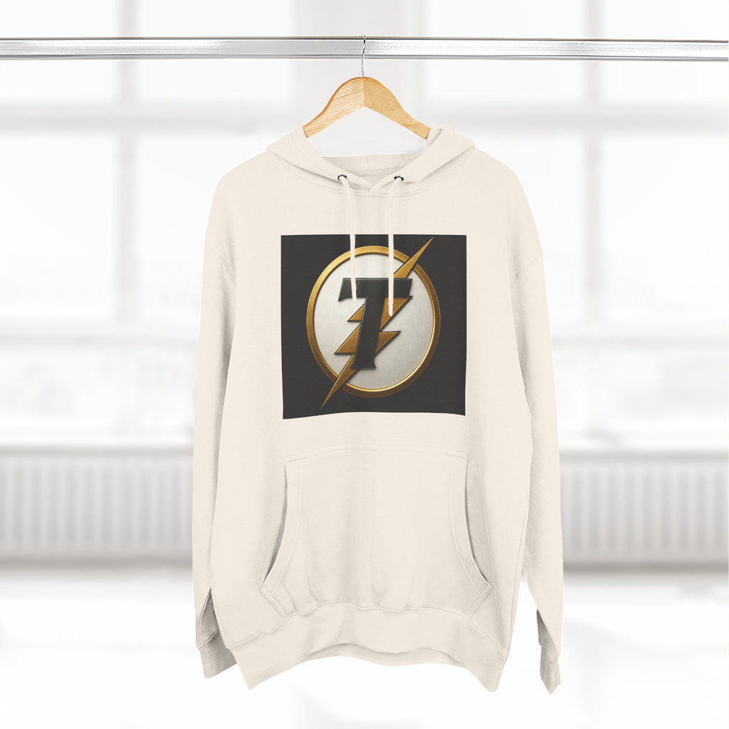 Lightning Bolt Emblem Hoodie — Retro Gold Flash Logo Fleece Pullover