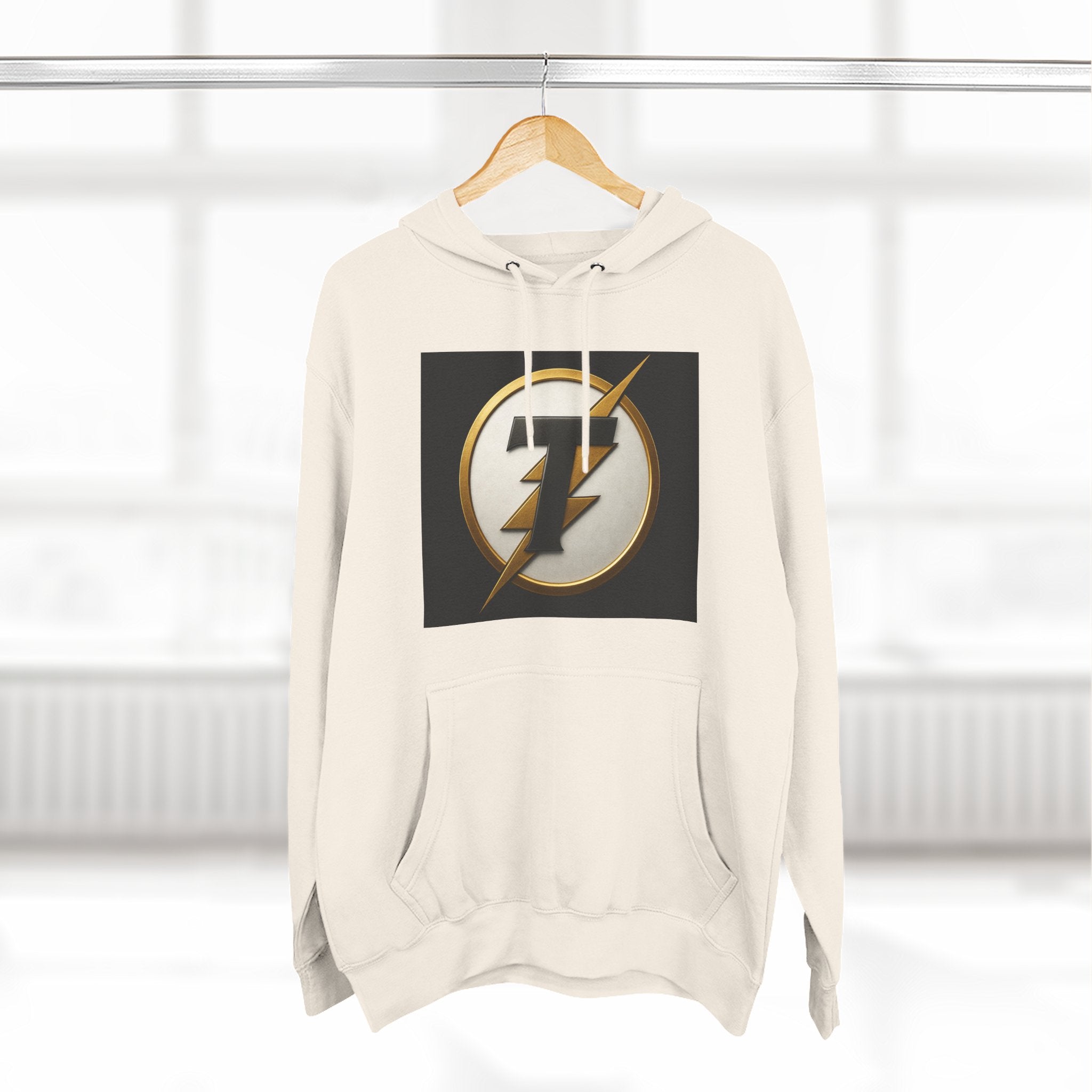 Lightning Bolt Emblem Hoodie — Retro Gold Flash Logo Fleece Pullover