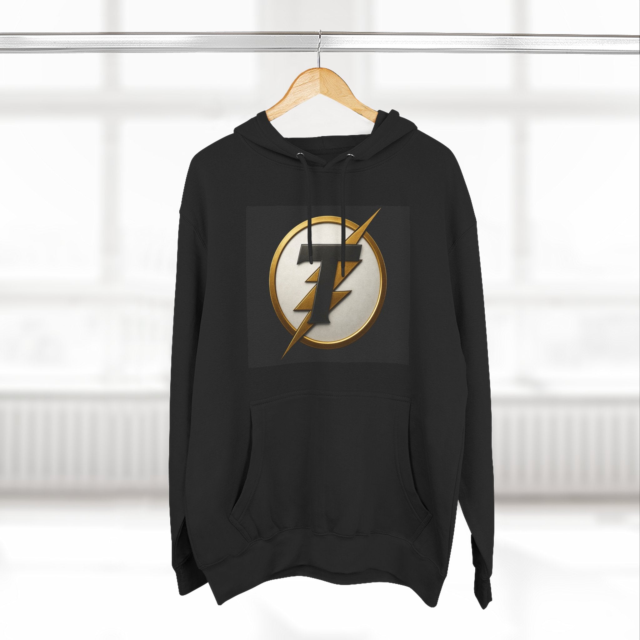 Lightning Bolt Emblem Hoodie — Retro Gold Flash Logo Fleece Pullover