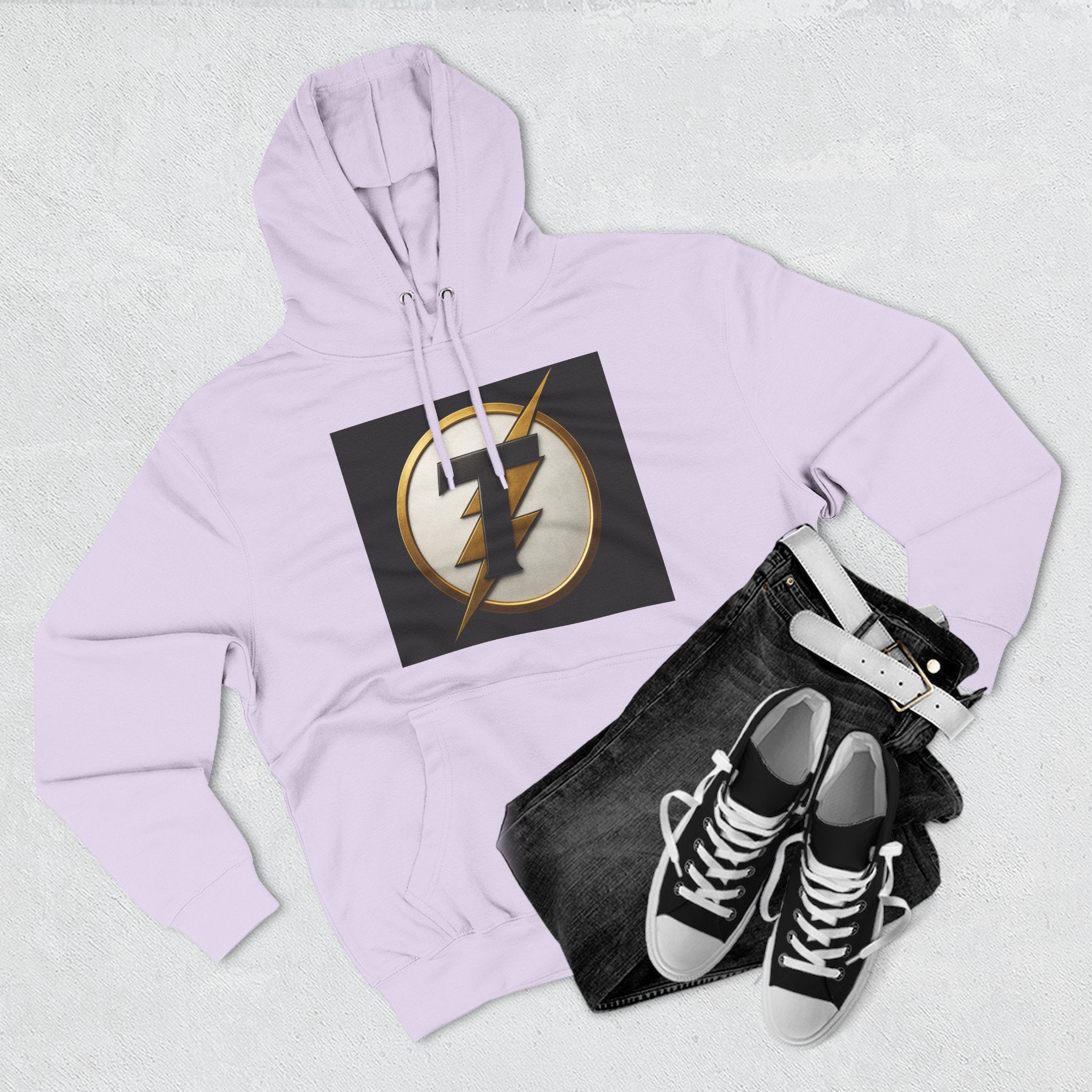 Lightning Bolt Emblem Hoodie — Retro Gold Flash Logo Fleece Pullover
