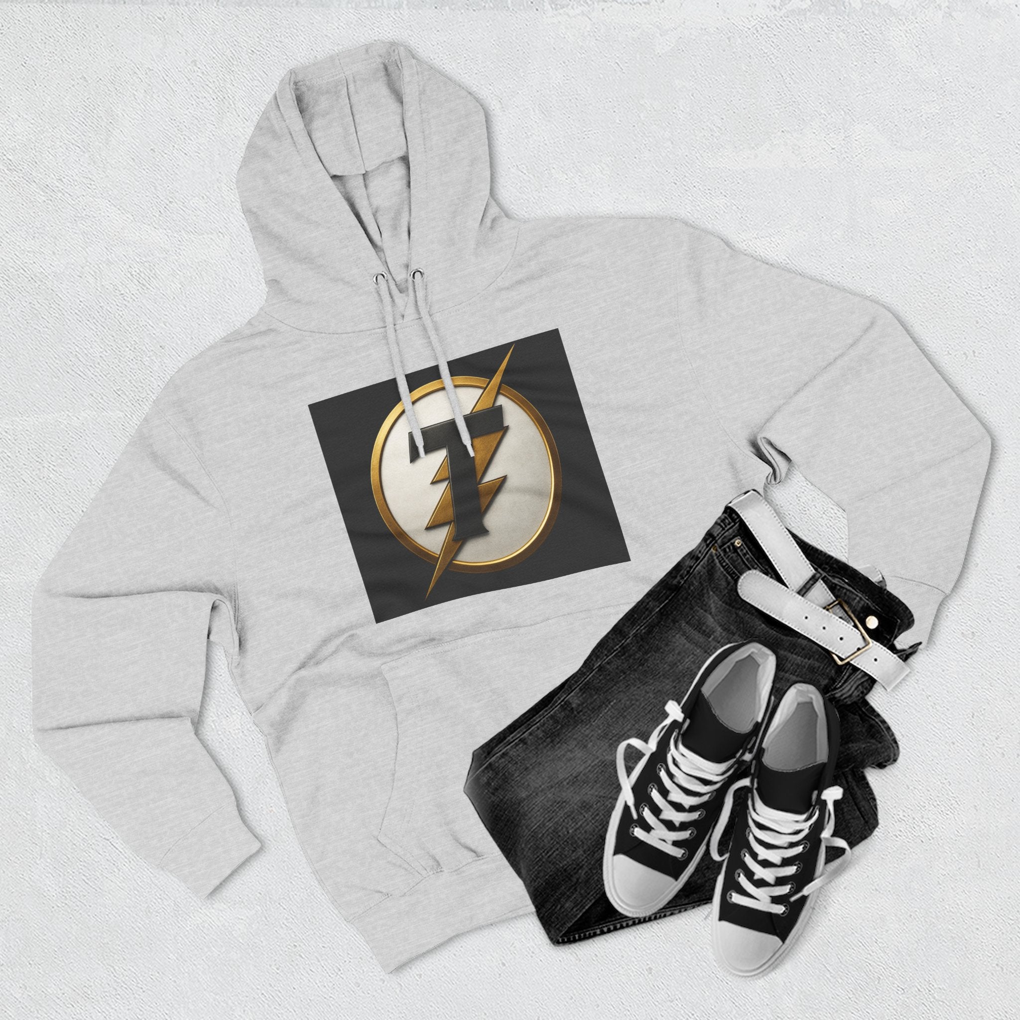 Lightning Bolt Emblem Hoodie — Retro Gold Flash Logo Fleece Pullover
