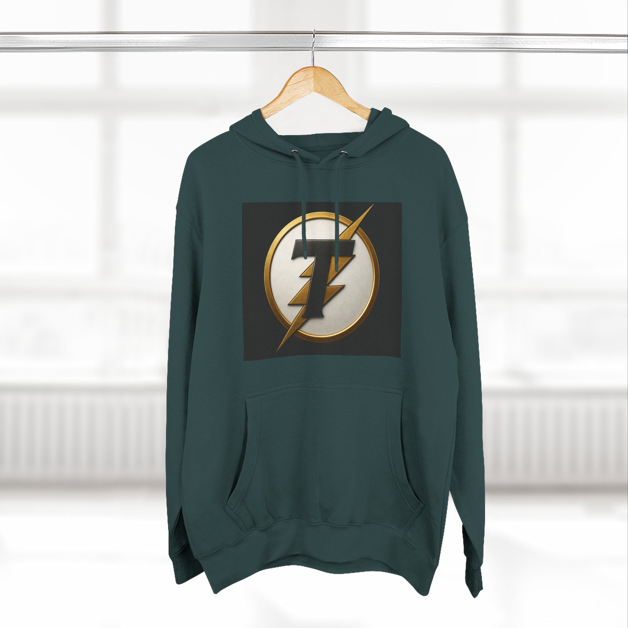 Lightning Bolt Emblem Hoodie — Retro Gold Flash Logo Fleece Pullover