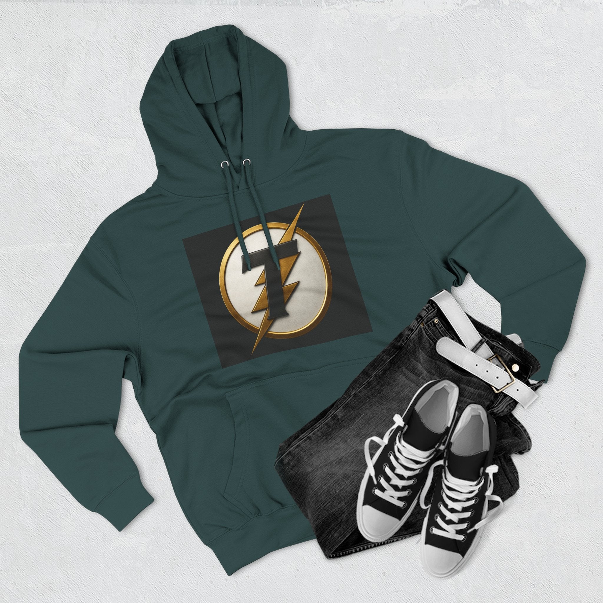 Lightning Bolt Emblem Hoodie — Retro Gold Flash Logo Fleece Pullover