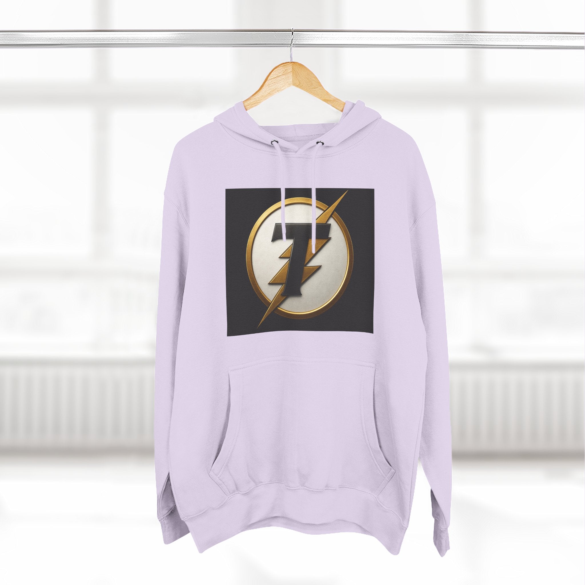 Lightning Bolt Emblem Hoodie — Retro Gold Flash Logo Fleece Pullover
