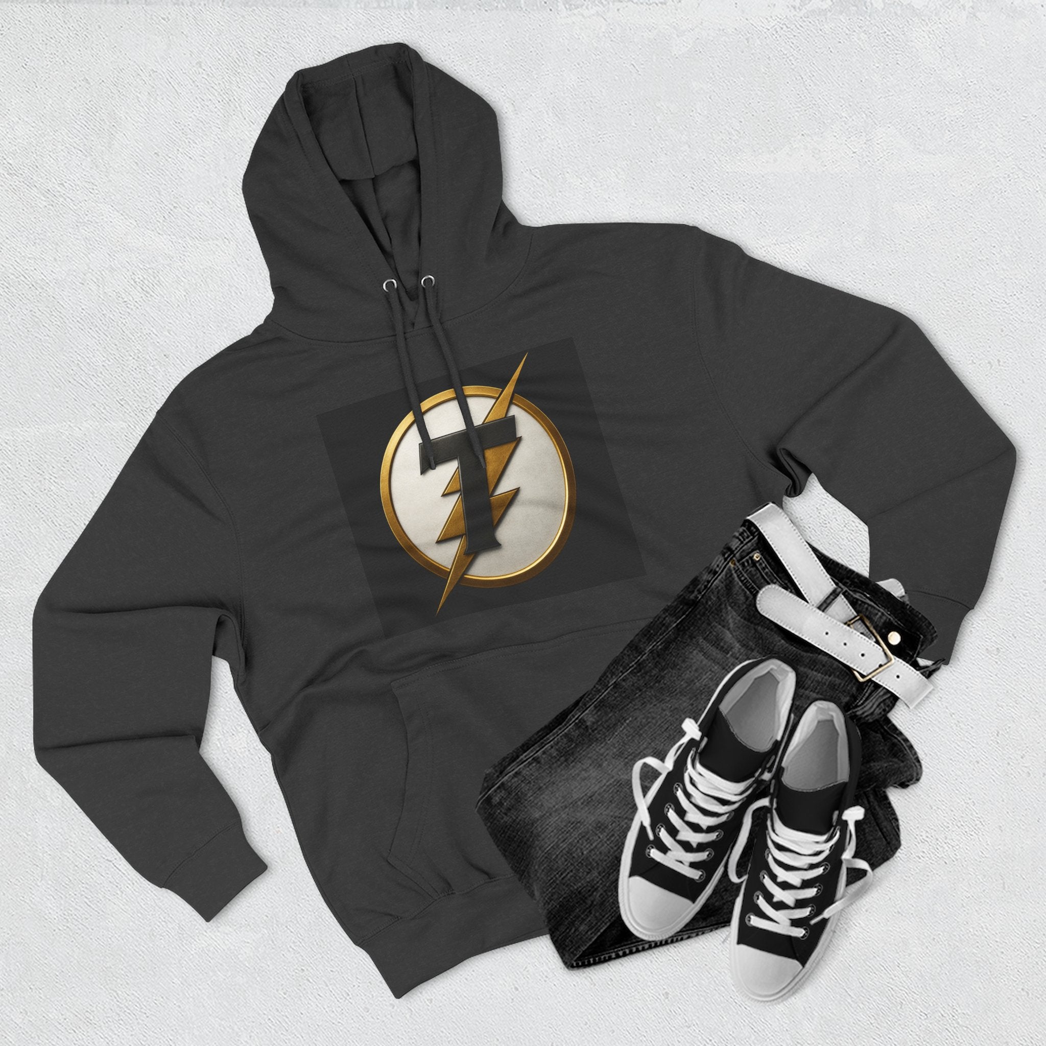 Lightning Bolt Emblem Hoodie — Retro Gold Flash Logo Fleece Pullover