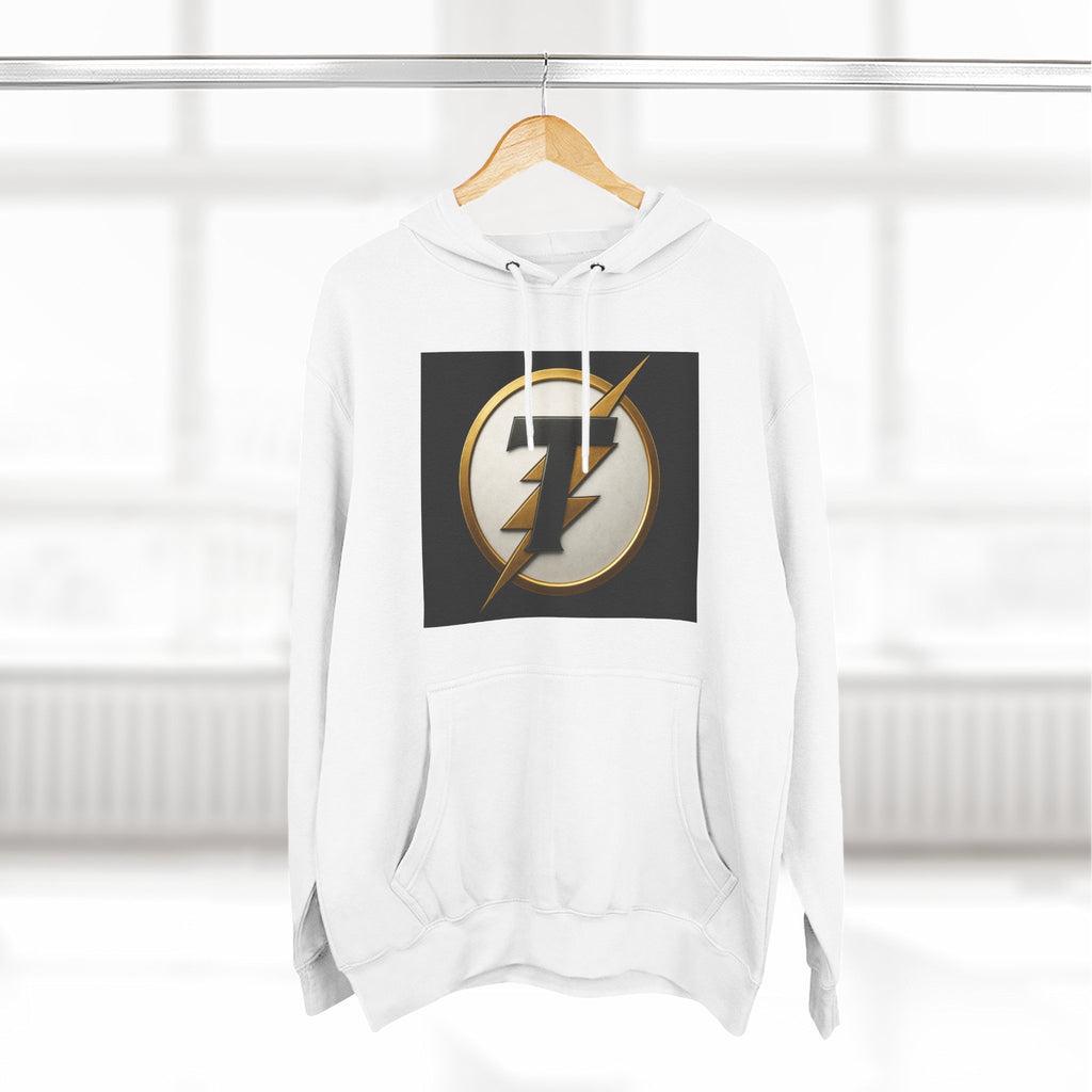 Lightning Bolt Emblem Hoodie — Retro Gold Flash Logo Fleece Pullover