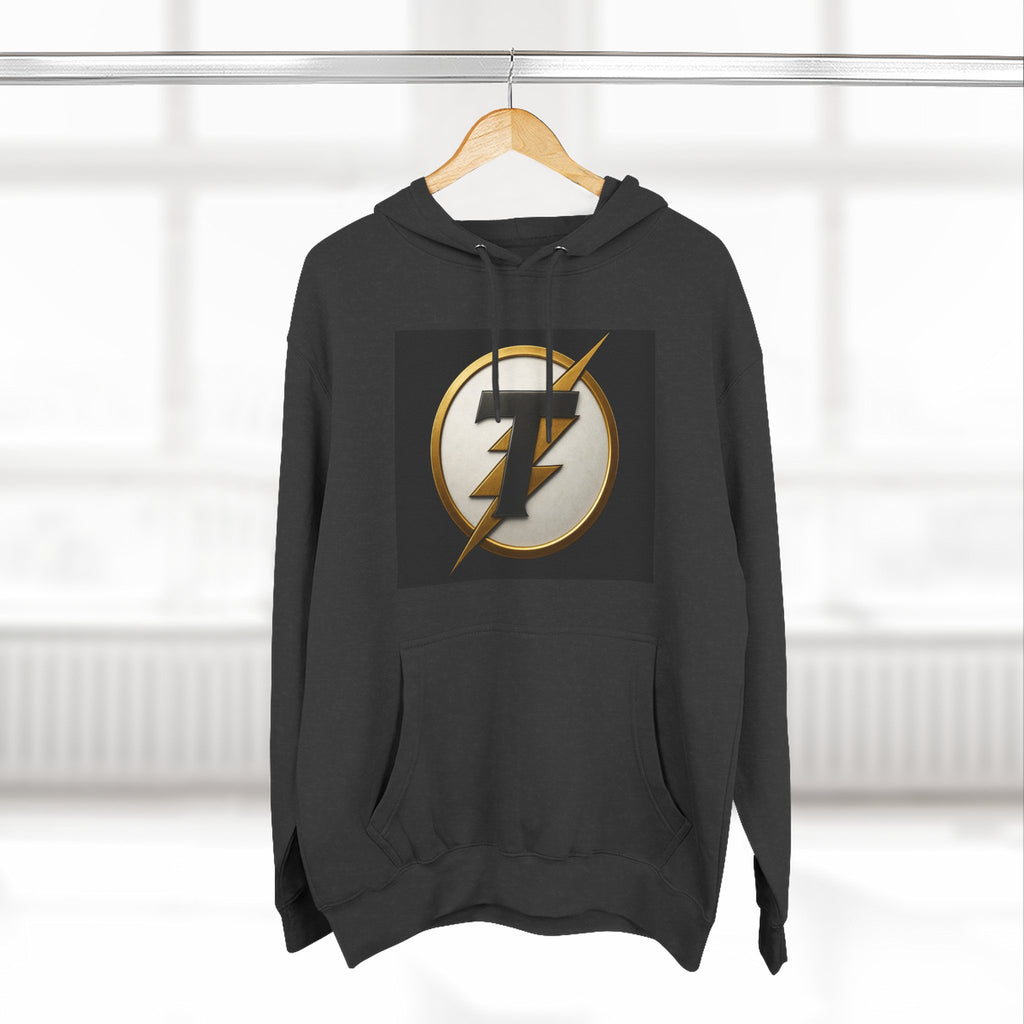 Lightning Bolt Emblem Hoodie — Retro Gold Flash Logo Fleece Pullover